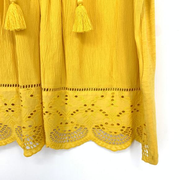 Style & Co Boho Blouse Womens Size XL Yellow Eyelet Detail Tassel Tie Neck - Picture 4 of 6